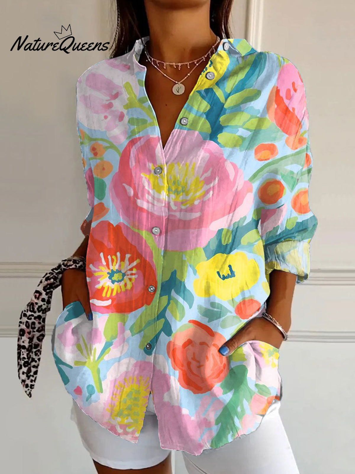 Women'sFloral Art Print Casual Cotton Shirt