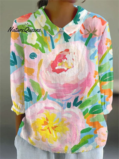 Women's Floral Art Print Casual Cotton And Linen 3/4 Sleeve Shirt