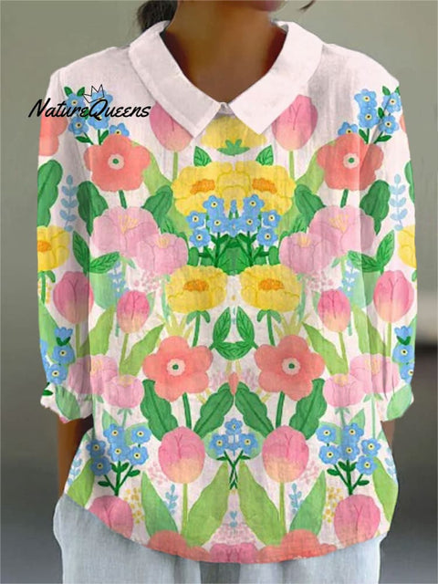 Women's Floral Art Print Casual Cotton And Linen 3/4 Sleeve Shirt