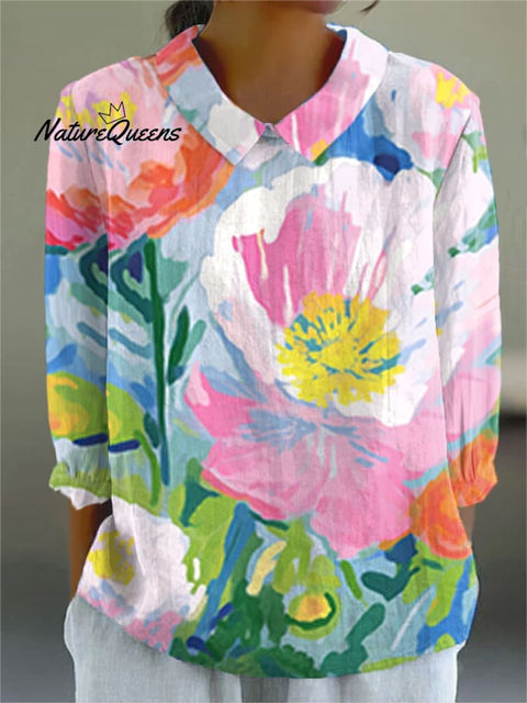 Women's Floral Art Print Casual Cotton And Linen 3/4 Sleeve Shirt