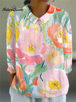 Women's Floral Art Print Casual Cotton And Linen 3/4 Sleeve Shirt