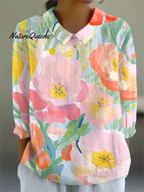 Women's Floral Art Print Casual Cotton And Linen 3/4 Sleeve Shirt