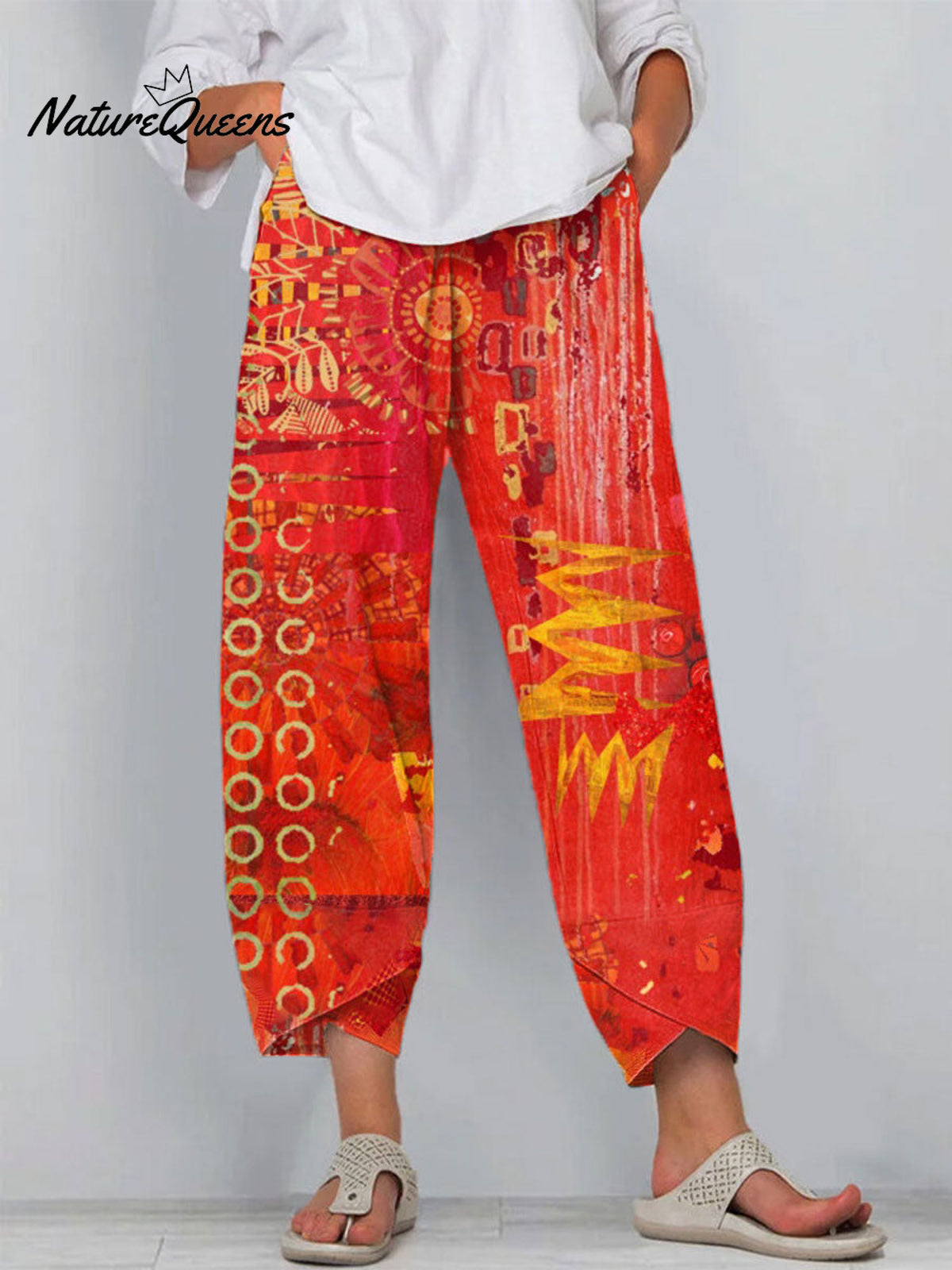 Women's Vintage Abstract Geometric Art Print Cotton And Linen Casual Pants
