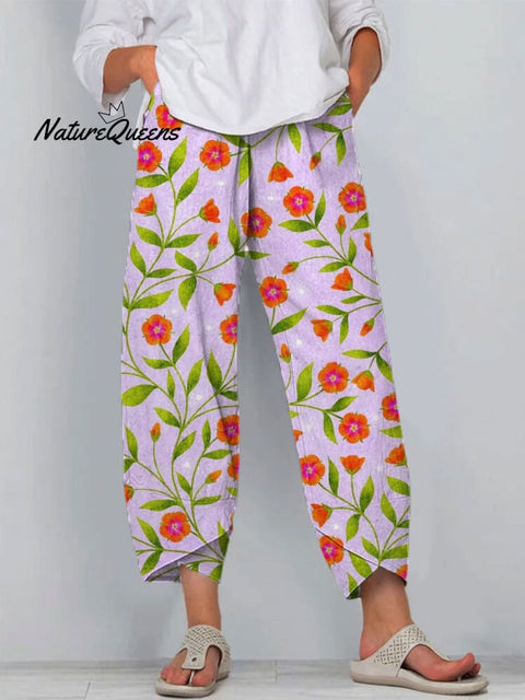 Women's  Pastoral Flowers Art Print Cotton And Linen Casual Pants