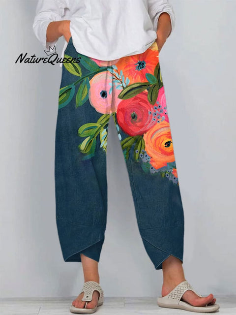 Women's Floral Art Print Cotton And Linen Casual Pants