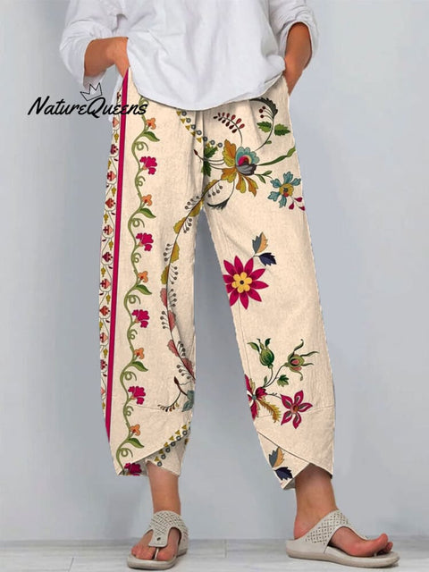 Women's Floral Art Print Cotton And Linen Casual Pants