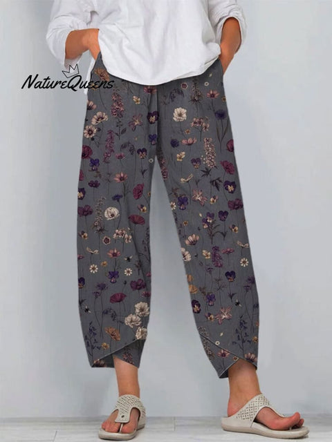 Women's Floral Art Print Cotton And Linen Casual Pants