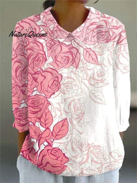 Women's  Gradient Floral  Art Print Casual Cotton And Linen 3/4 Sleeve Shirt