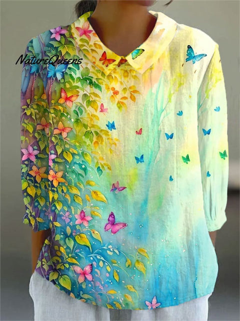 Women's  Gradient Floral  Butterfly  Art Print Casual Cotton And Linen 3/4 Sleeve Shirt