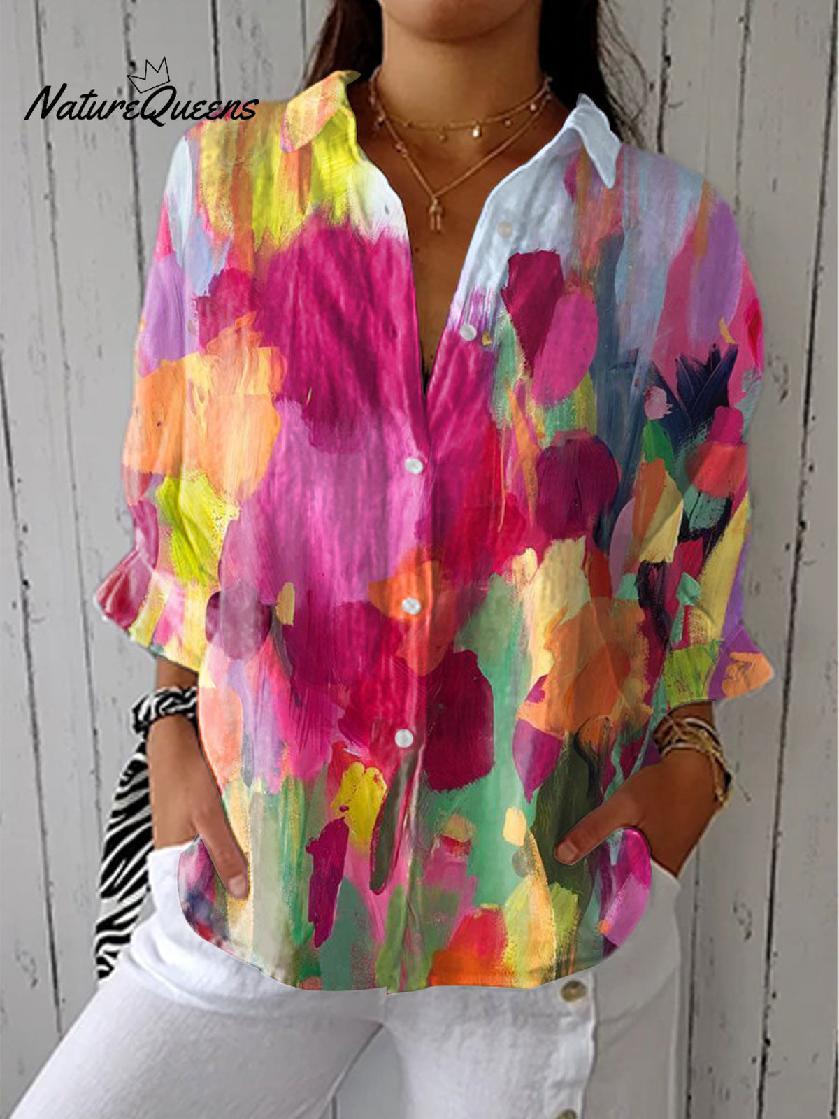 Women'sColorful Floral Art Print Casual Linen V-neck Shirt