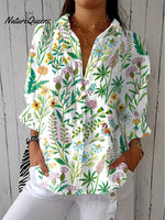 Women'sPastoral Floral Art Print Casual Linen V-neck Shirt