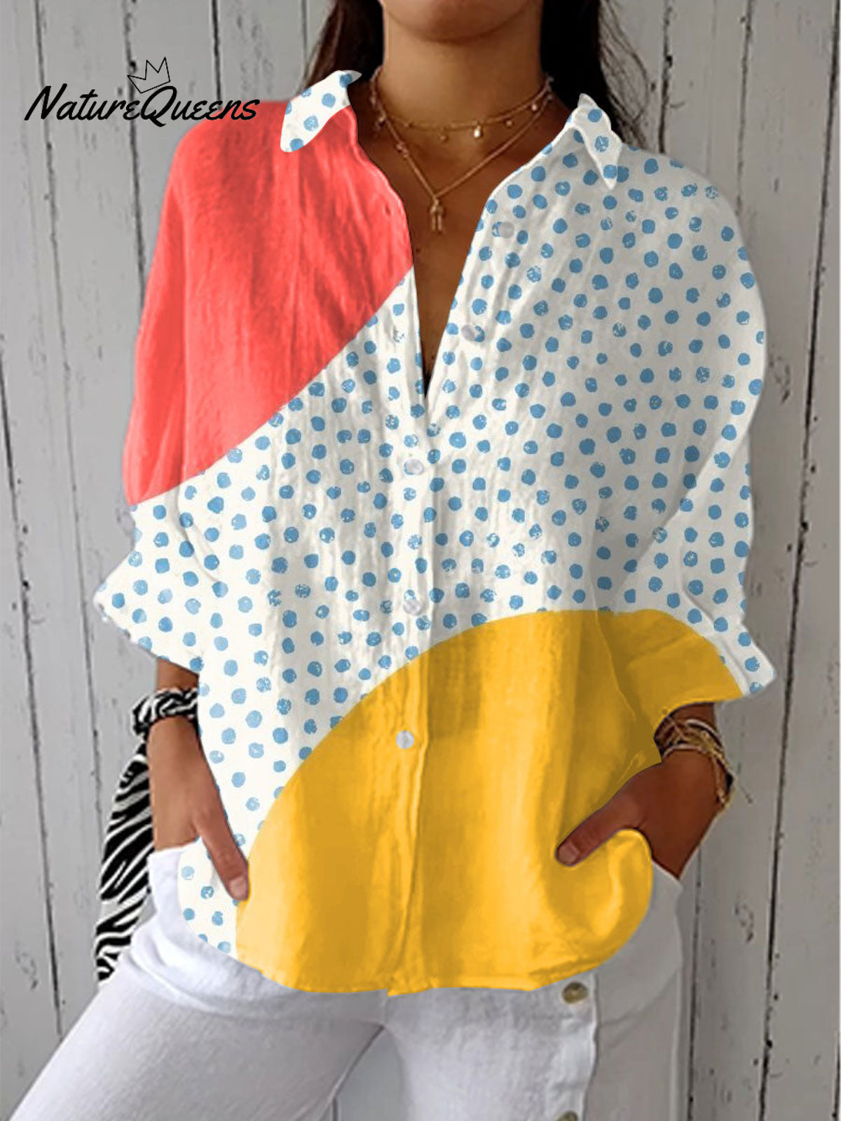 Women'sVintage Abstract Geometry Art Print Casual Linen V-neck Shirt