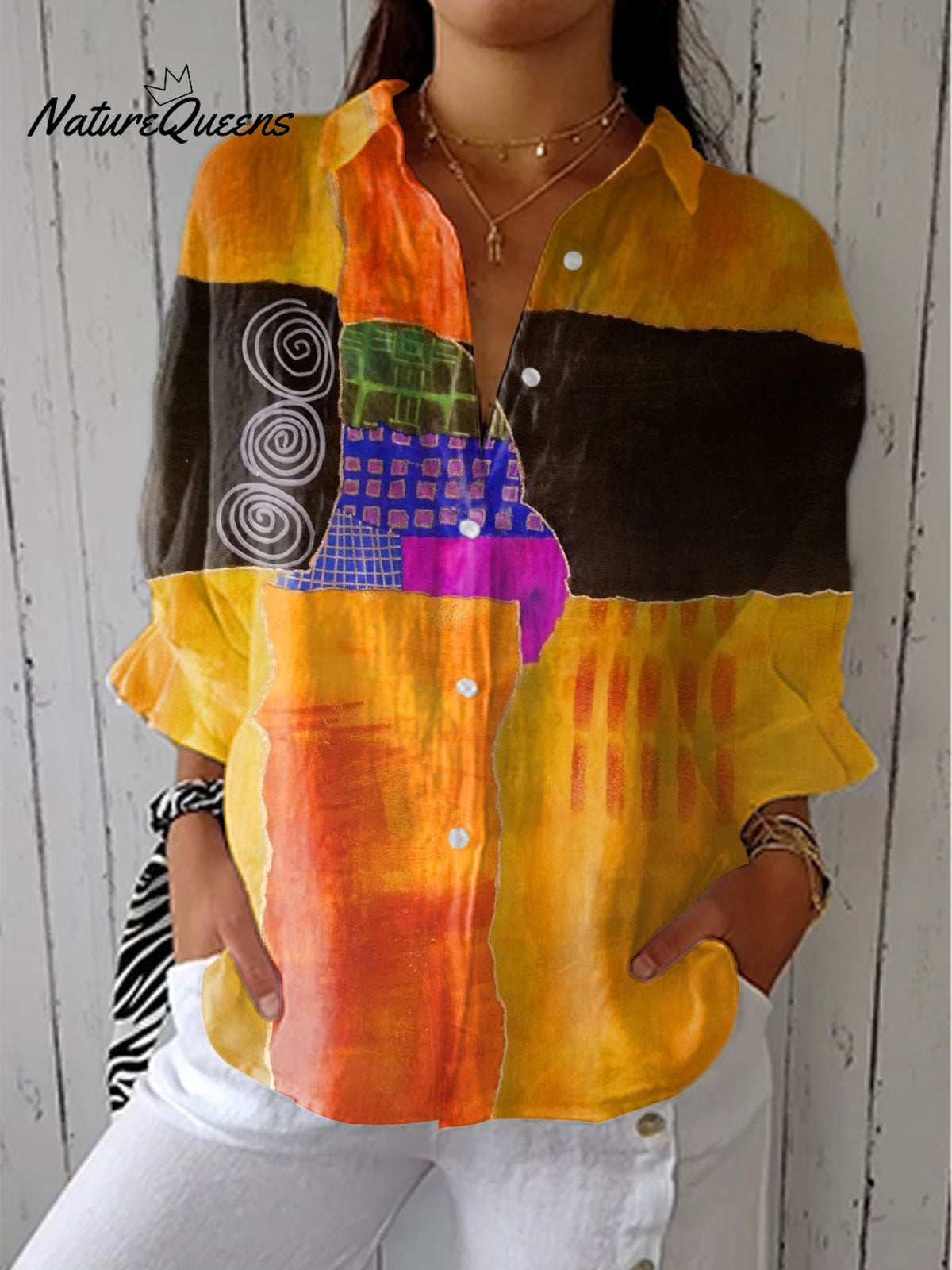 Women'sVintage Abstract Geometry Art Print Casual Linen V-neck Shirt