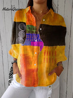 Women'sVintage Abstract Geometry Art Print Casual Linen V-neck Shirt