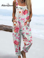 Women'sVintage Flowers Art Print Casual 100% Cotton Wide Leg Jumpsuit