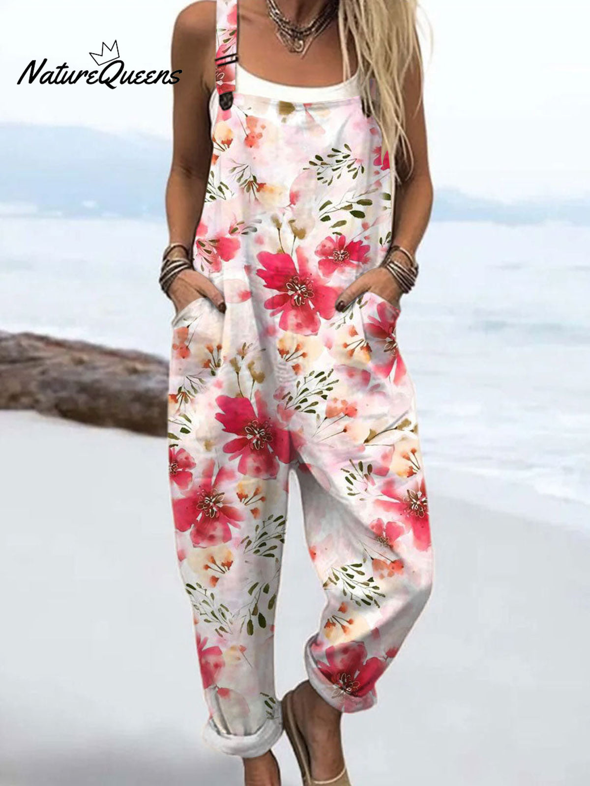 Women'sVintage Flowers Art Print Casual 100% Cotton Wide Leg Jumpsuit