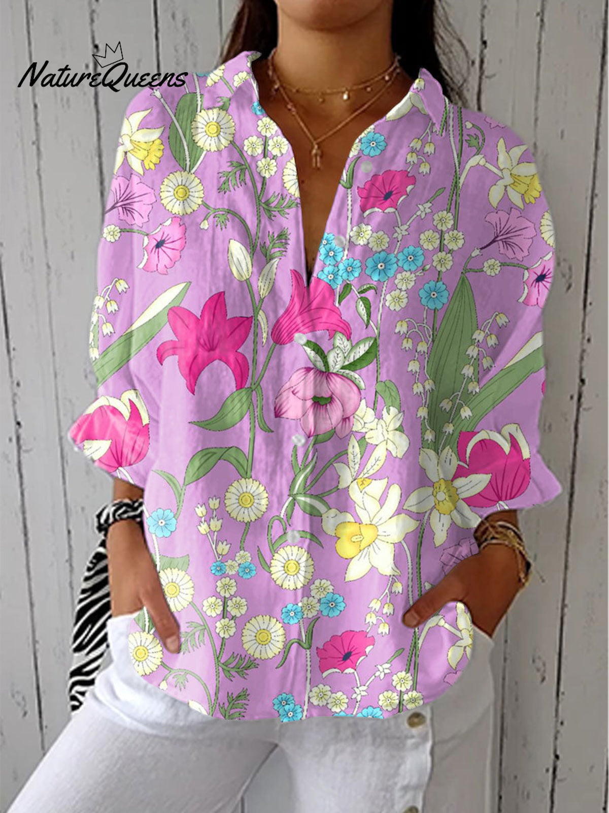 Women'sVintage Flowers Art Print Casual Linen V-neck Shirt