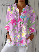 Women'sVintage Flowers Art Print Casual Linen V-neck Shirt