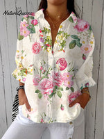 Women'sVintage Flowers Art Print Casual Linen V-neck Shirt