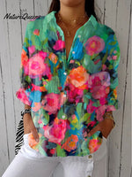 Women'sVintage Flowers Art Print Casual Linen V-neck Shirt