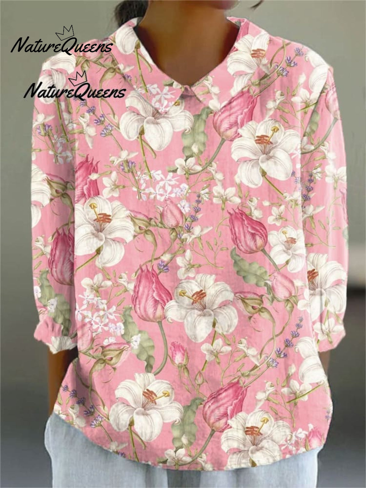 Women Vintage Flowers Art Print Loose Top Peter Pan Collar Half Sleeve Blouses