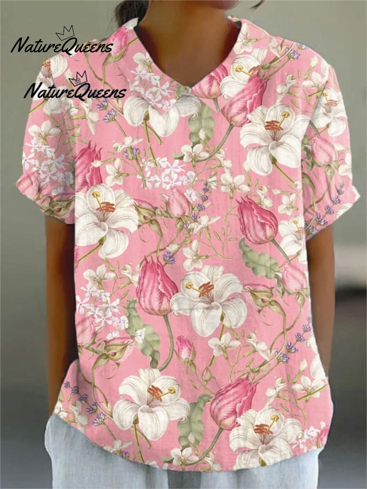 Women Vintage Flowers Art Print Loose Top Peter Pan Collar Half Sleeve Blouses