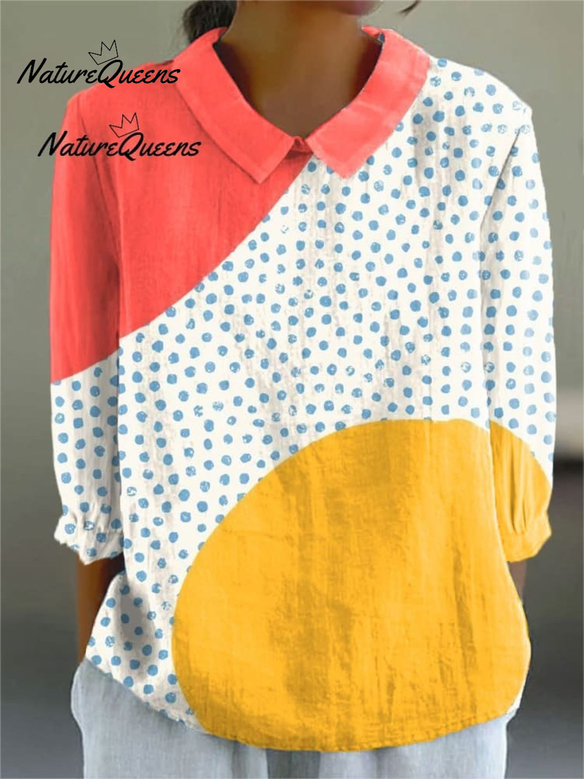 Women'sVintage Abstract Geometry Art Print Casual Linen V-neck Shirt