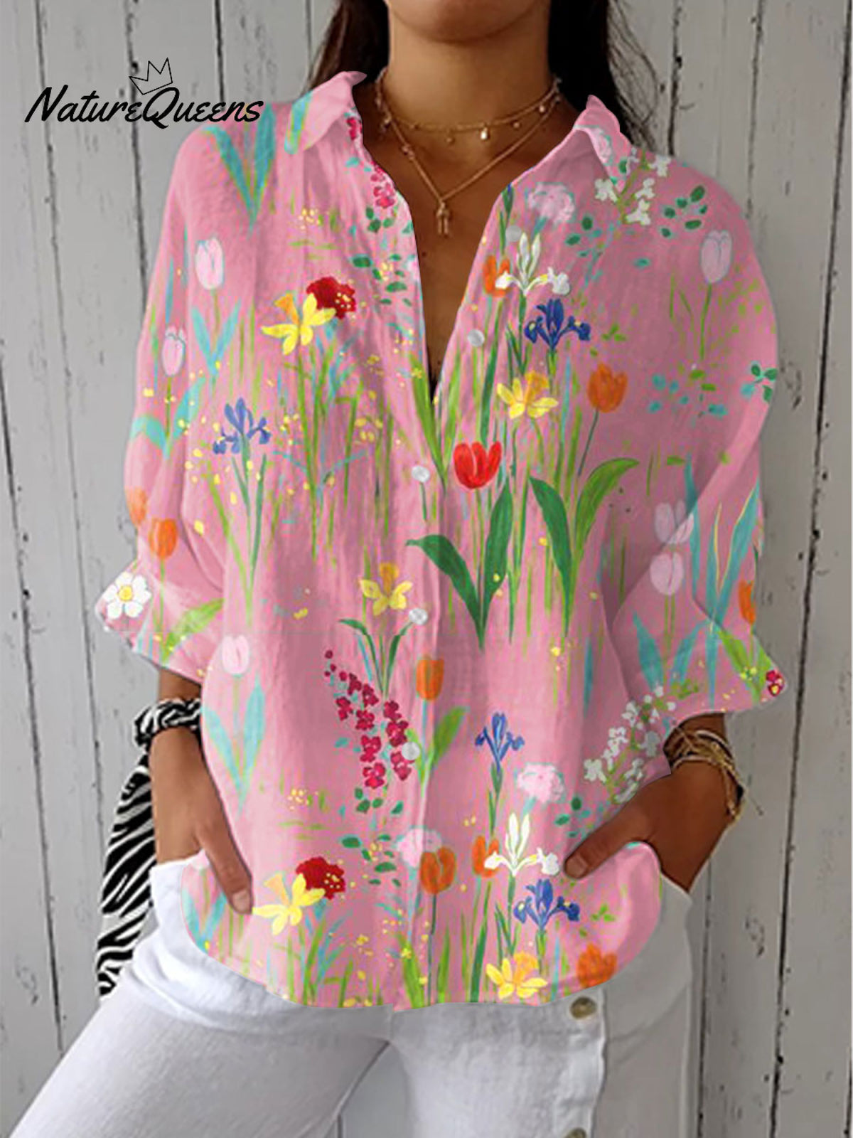 Women'sVintage Flowers Print Casual Linen V-neck Shirt