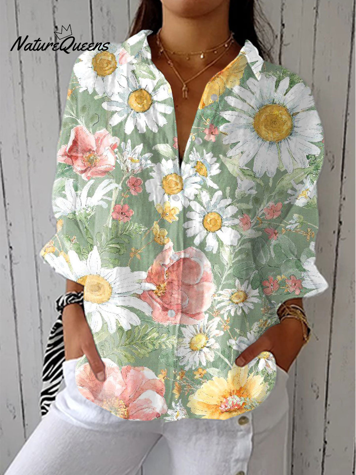Women'sVintage Flowers Print Casual Linen V-neck Shirt