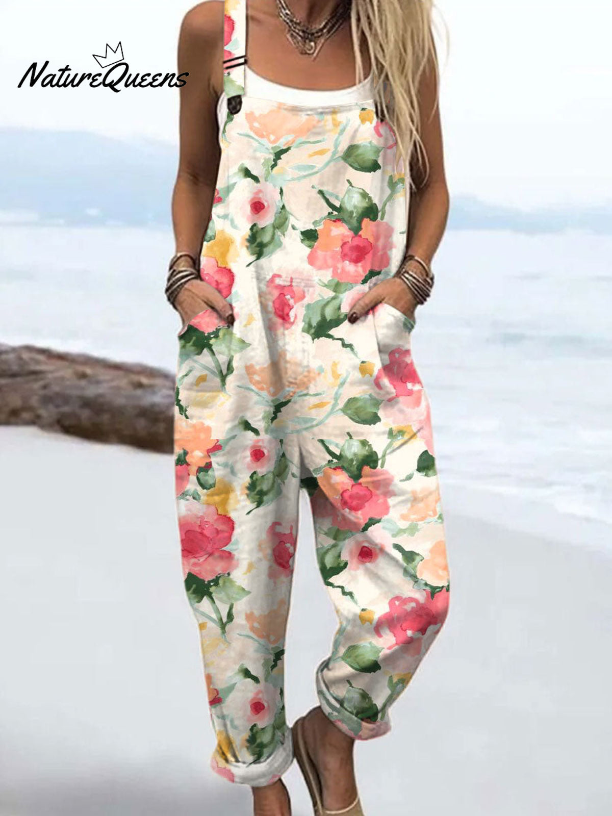 Women's Floral ArtPrint Casual 100% Cotton Wide Leg Jumpsuit