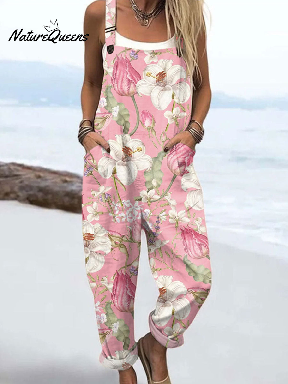 Women'sVintage Floral Art Print Casual 100% Cotton Wide Leg Jumpsuit