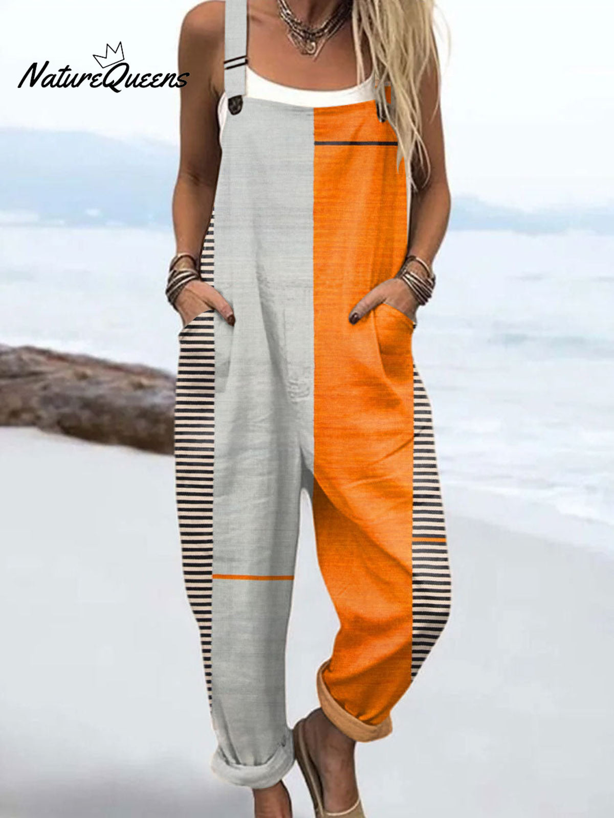 Women'sVintage Abstract Geometric Art Print Casual 100% Cotton Wide Leg Jumpsuit