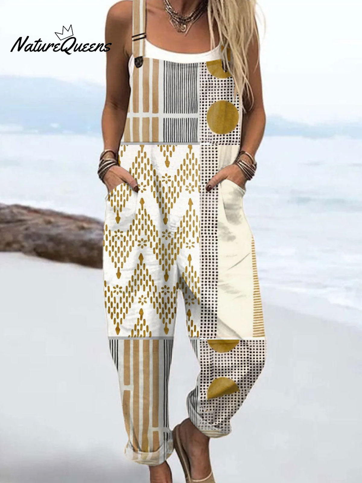 Women'sVintage Abstract Geometric Art Print Casual 100% Cotton Wide Leg Jumpsuit