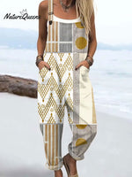 Women'sVintage Abstract Geometric Art Print Casual 100% Cotton Wide Leg Jumpsuit