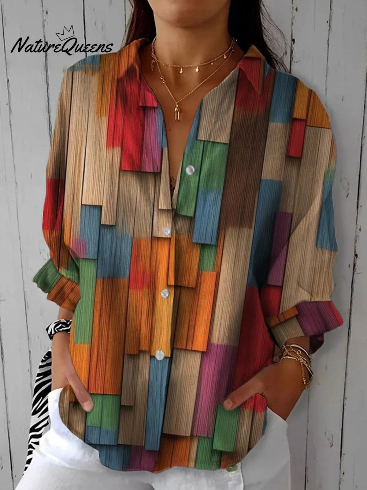 Women'sVintage Abstract GeometryArt Print Casual Linen V-neck Shirt