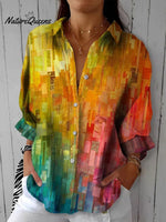 Women'sVintage Abstract GeometryArt Print Casual Linen V-neck Shirt