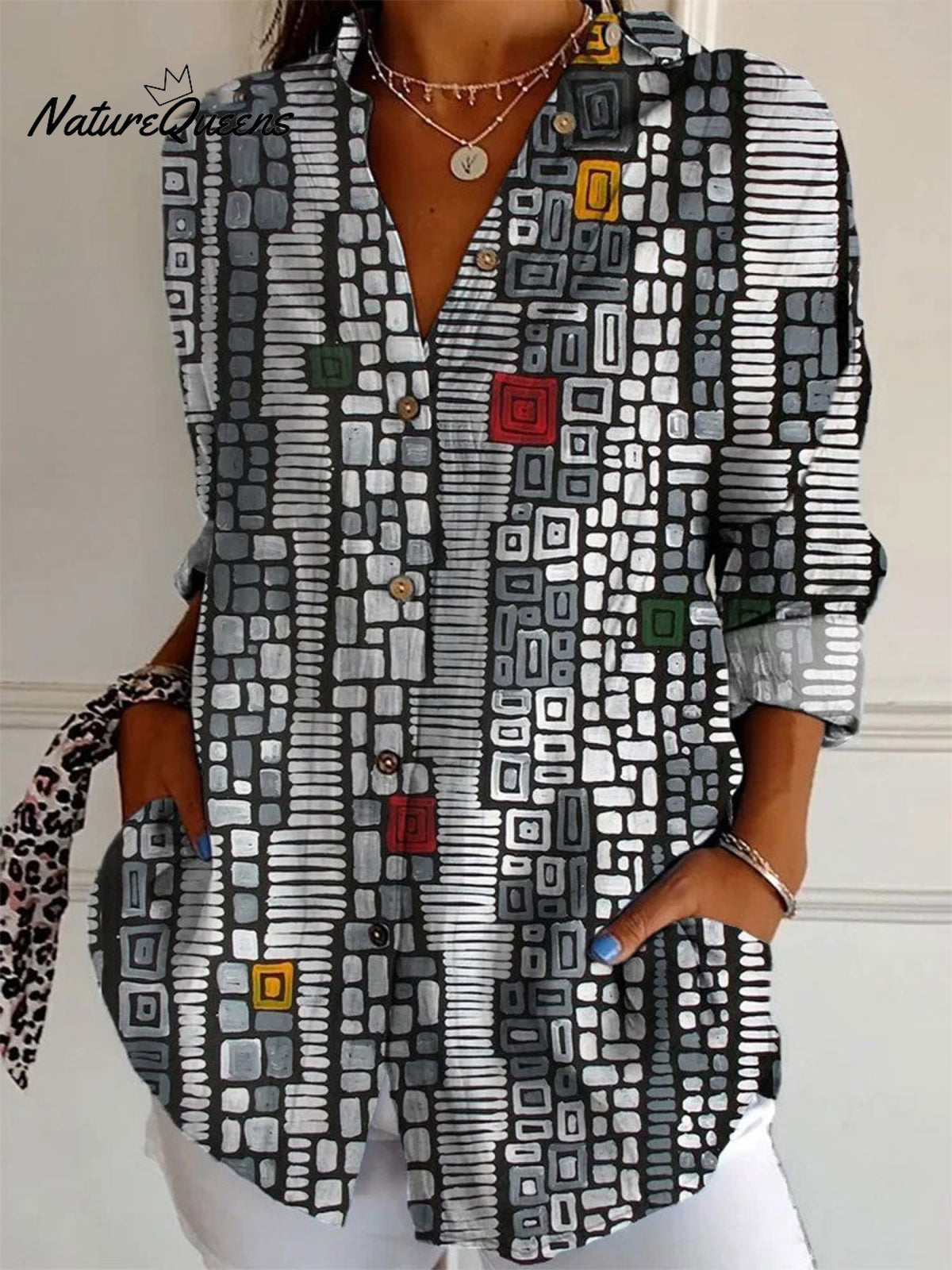 Women'sVintage Abstract Geometry Art Print Casual Cotton Shirt