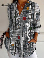 Women'sVintage Abstract Geometry Art Print Casual Cotton Shirt