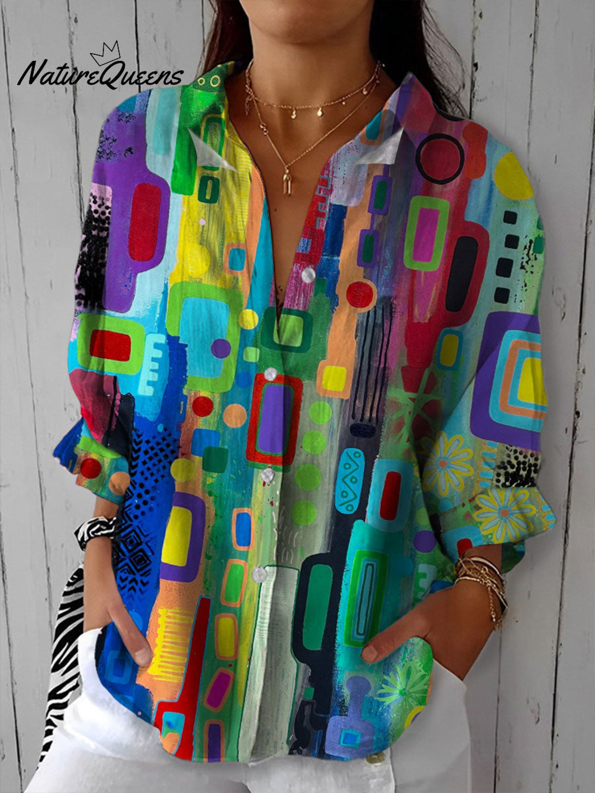 Women'sVintage Abstract GeometryArt Print Casual Linen V-neck Shirt