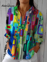 Women'sVintage Abstract GeometryArt Print Casual Linen V-neck Shirt