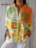 Women'sVintage Abstract Geometric Art Print Casual Linen V-neck Shirt