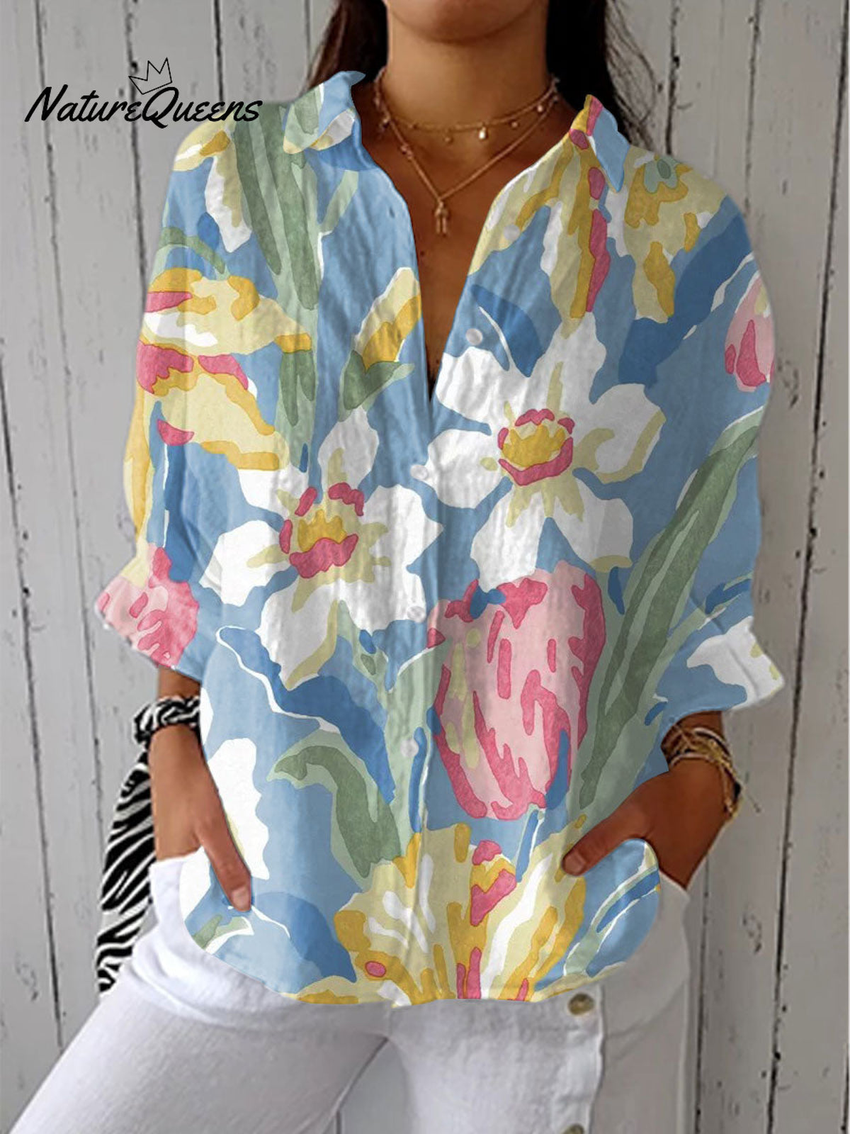 Women'sPastoral Flower Art Print Casual Linen V-neck Shirt