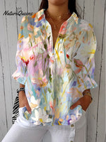 Women'sPastoral Flower Art Print Casual Linen V-neck Shirt