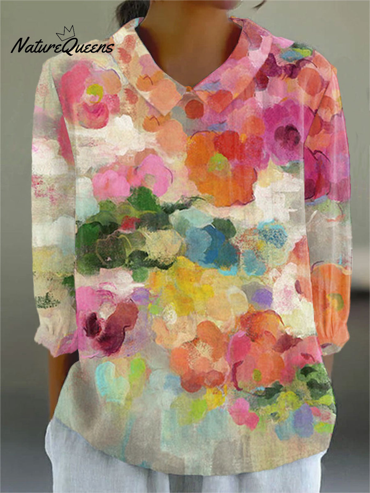 Women'sFloral Art Print Casual Cotton And Linen 3/4 Sleeve Shirt