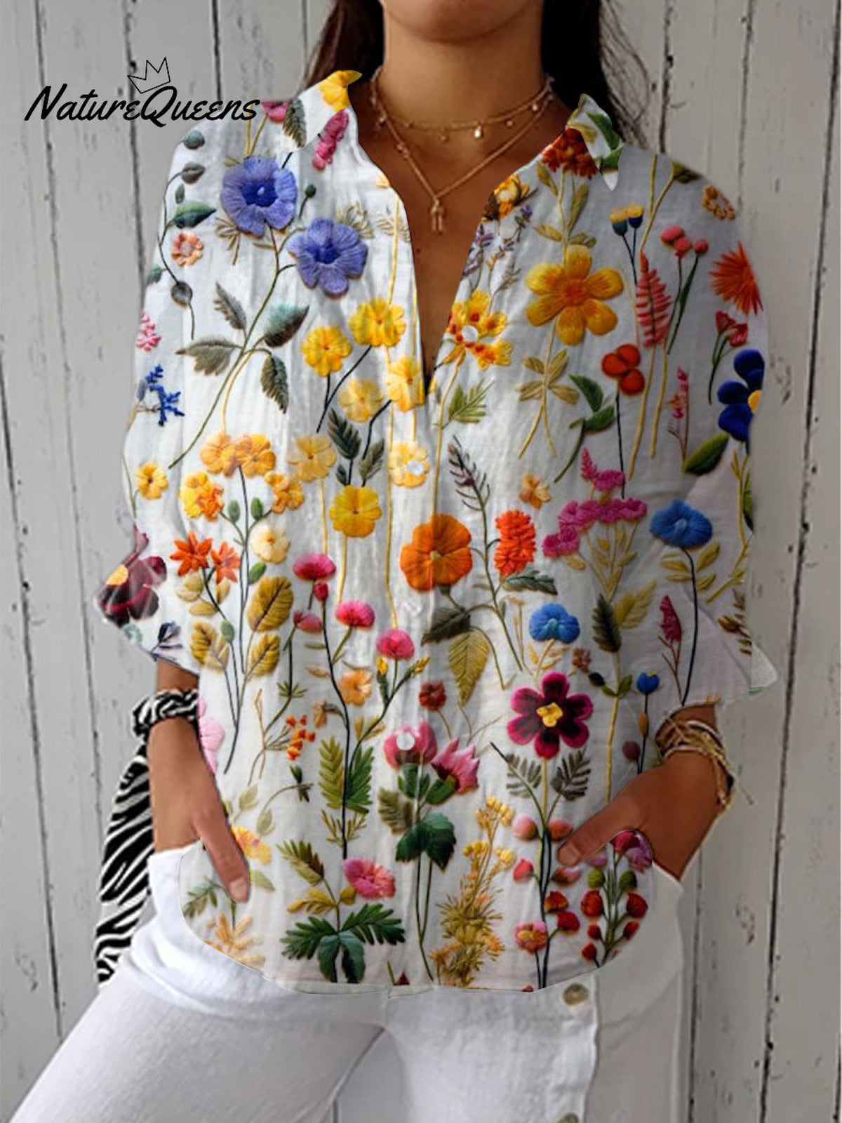 Women'sFloral Art Print Casual Linen V-neck Shirt