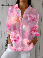 Women'sFloral Art Print Casual Linen V-neck Shirt