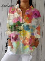 Women's Vintage Flowers ArtPrint Casual Linen V-neck Shirt