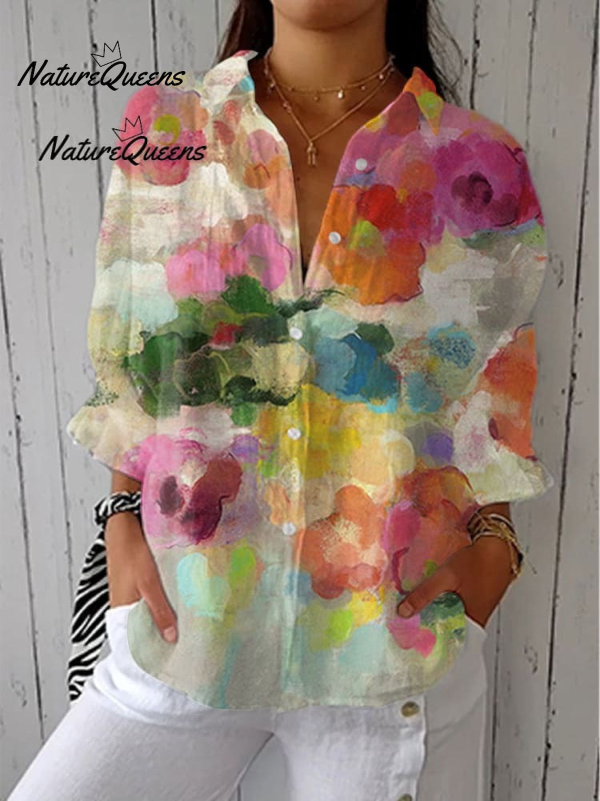 Women'sFloral Art Print Casual Cotton And Linen 3/4 Sleeve Shirt