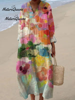 Women'sFloral Art Print Casual Cotton And Linen 3/4 Sleeve Shirt