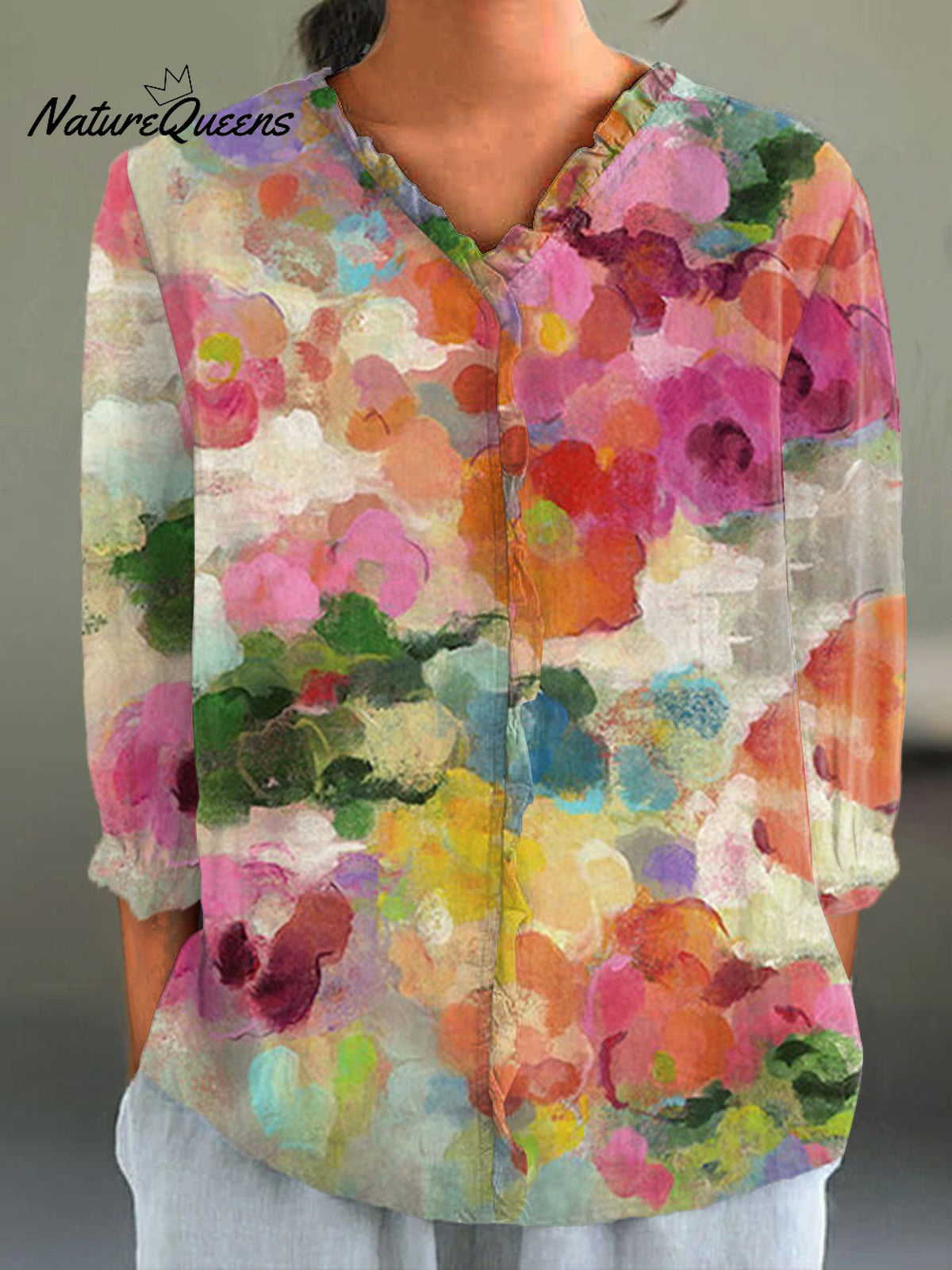 Women's Vintage Flowers Art Print Casual Cotton And Linen 3/4 Sleeve Shirt